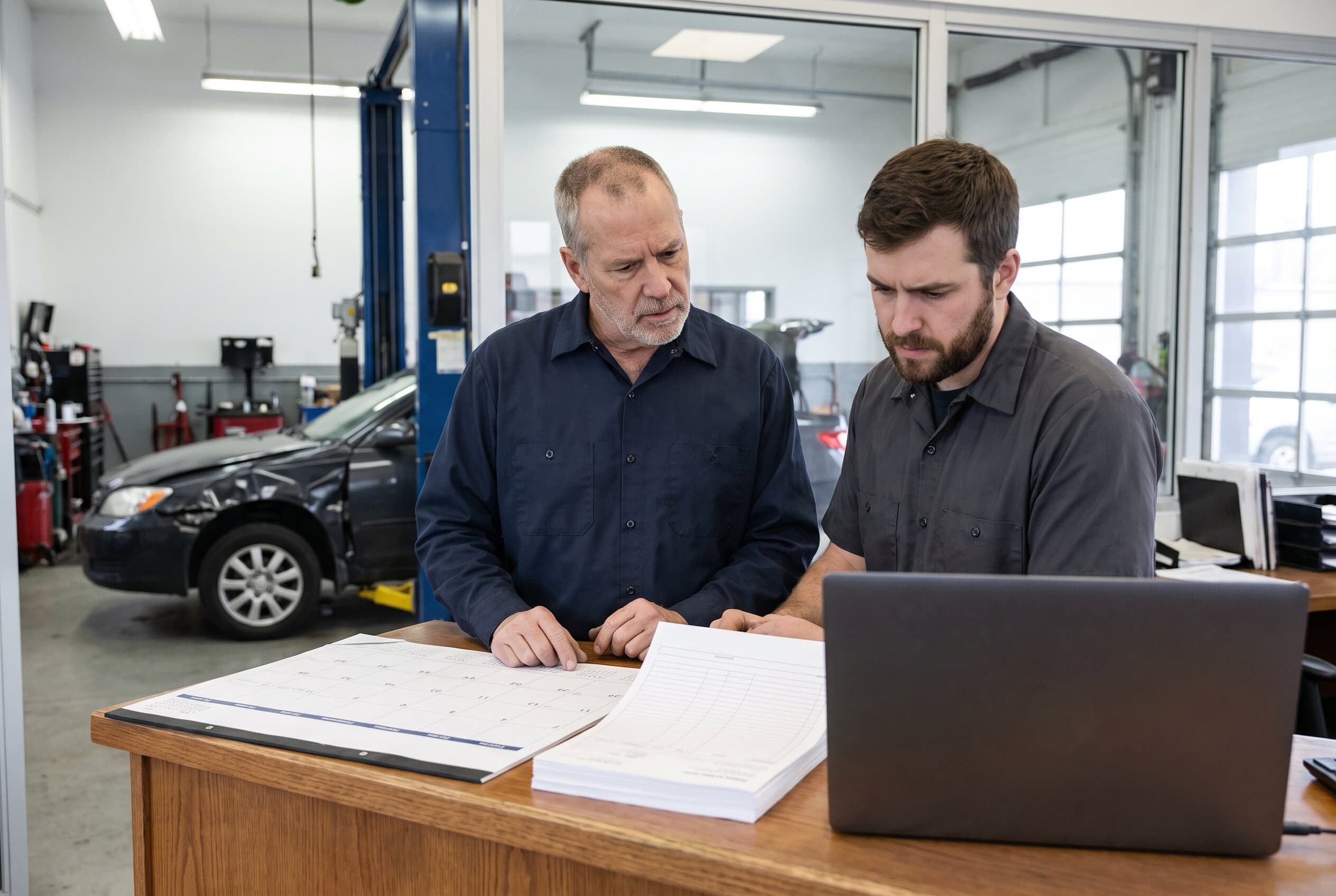 Automotive shop owner and service manager reviewing appointment demand at a front counter