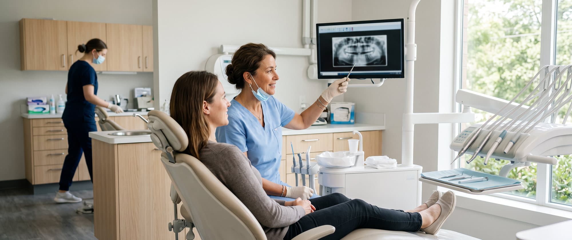 Dentist explaining a dental image to a patient in a bright modern operatory