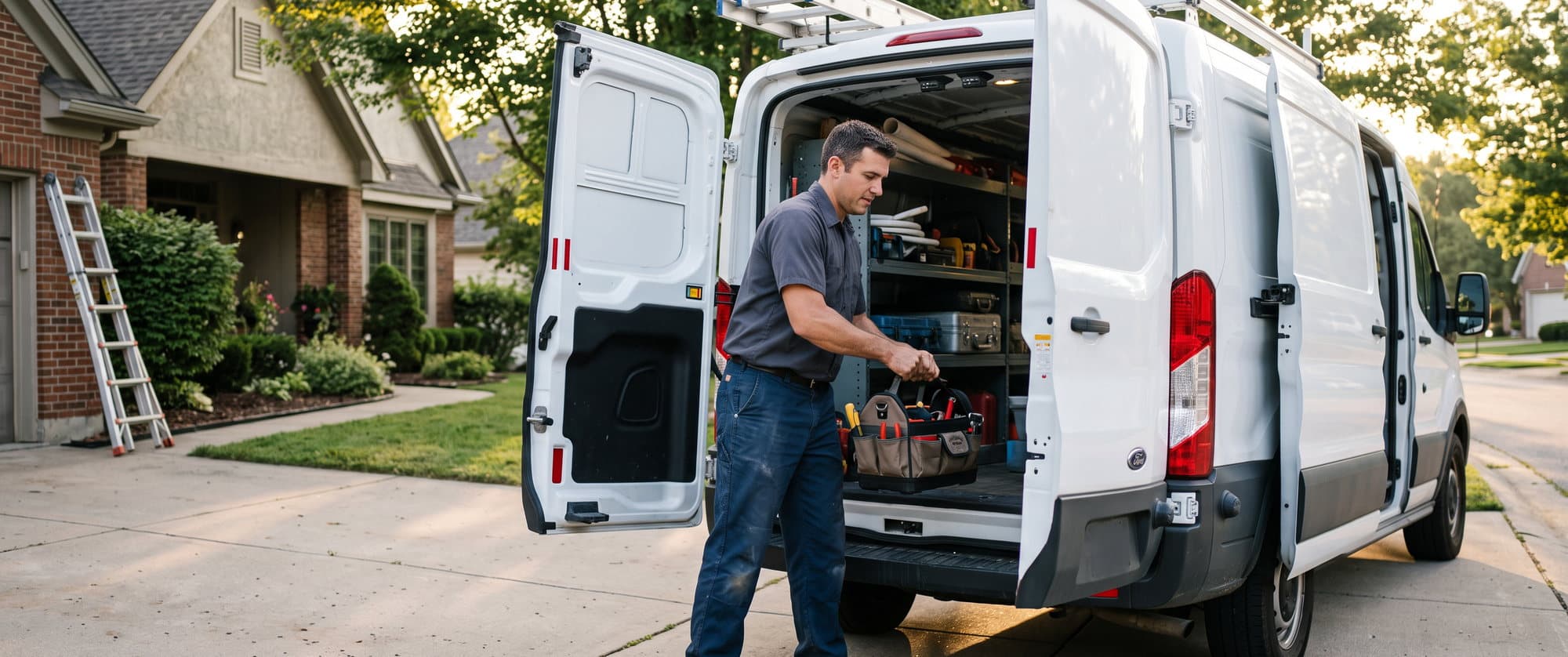 Residential service technician lifting a tool bag from an organized work van
