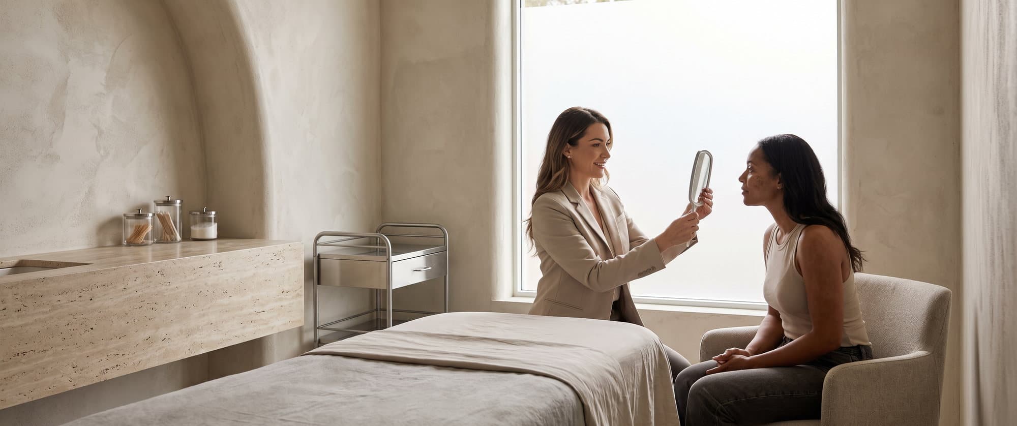 Medical aesthetics provider consulting with a client in a refined treatment room