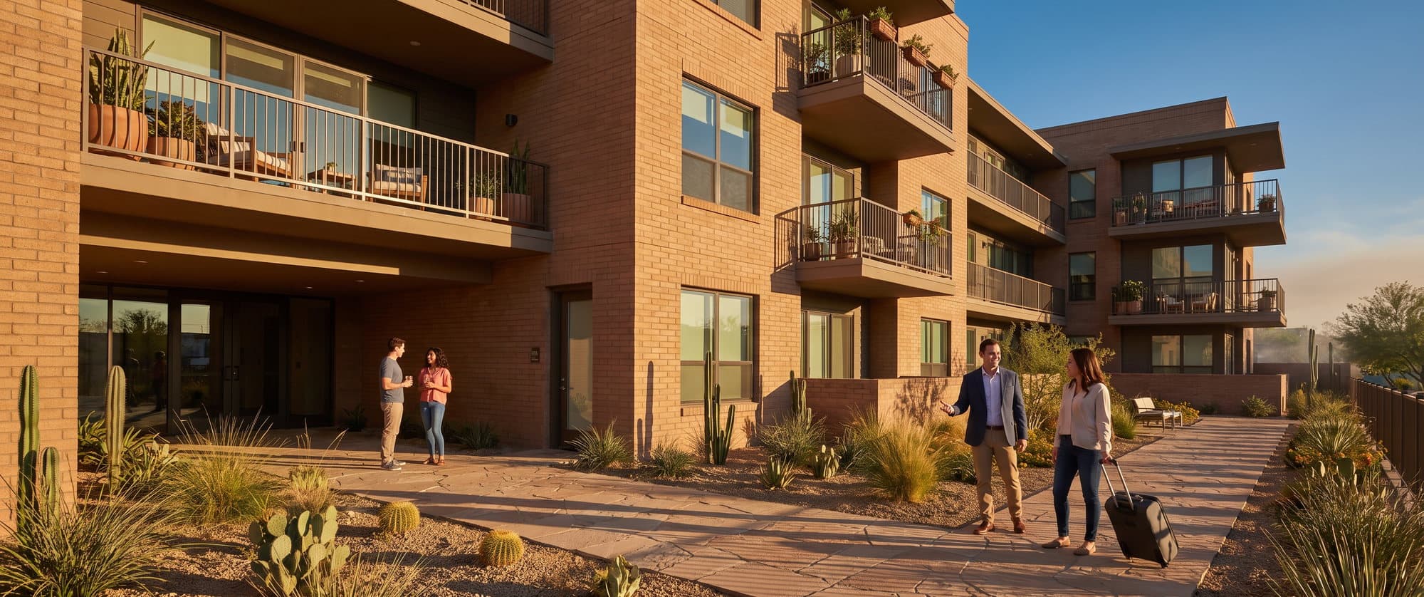 Residents and a leasing professional outside a landscaped multifamily apartment community