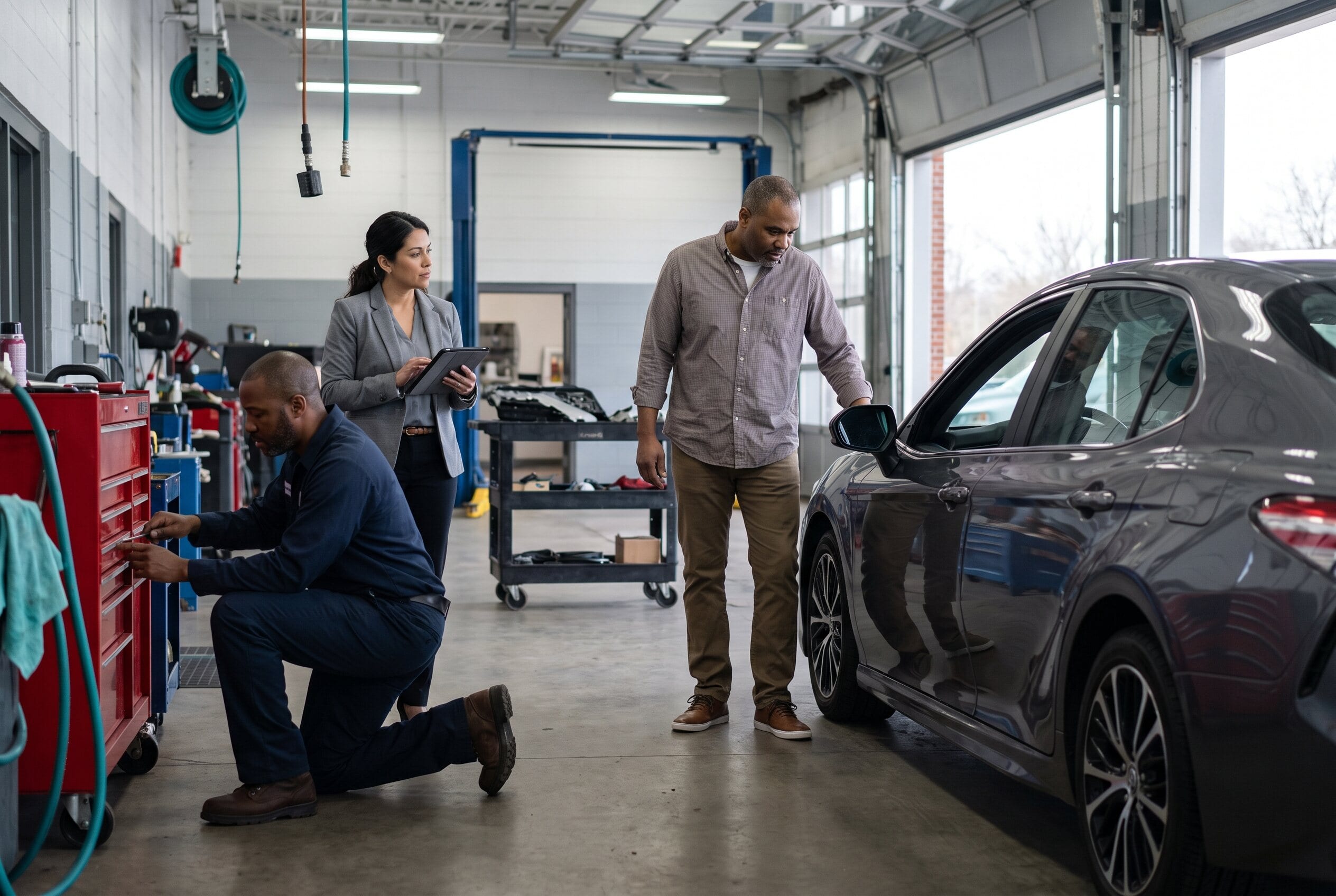 Collision repair team speaking with a vehicle owner inside an auto body shop