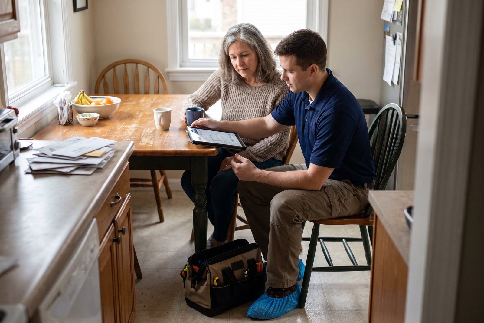 Service professional showing a homeowner information on a tablet