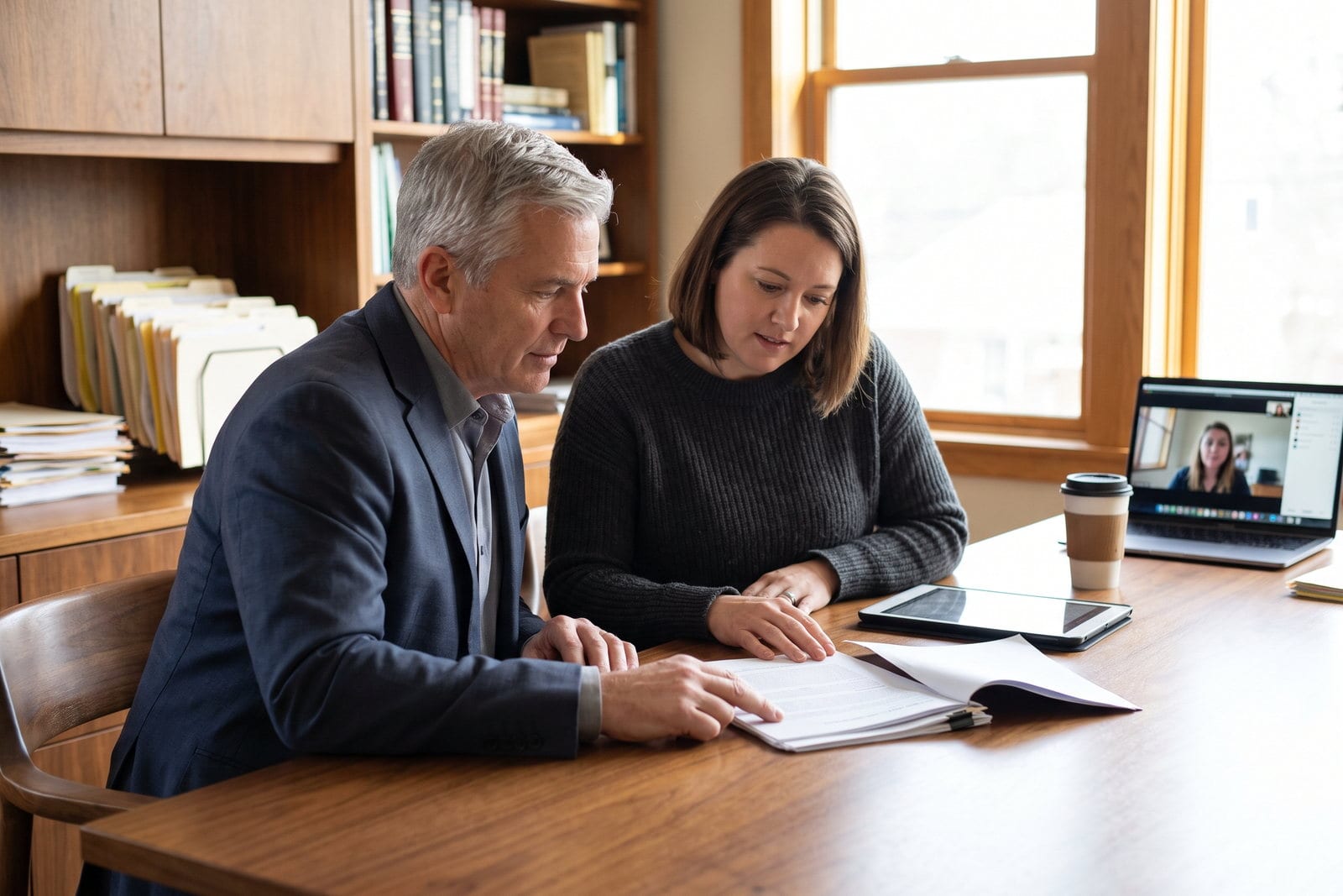 Business owner and website specialist reviewing project scope on a laptop