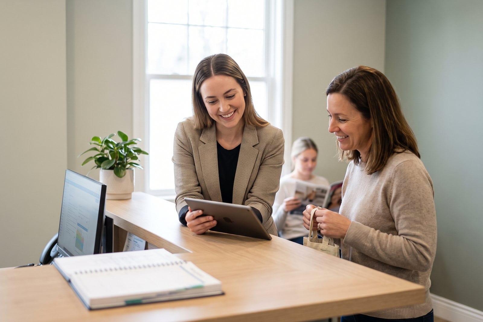 Dental office team member reviewing appointment information with a patient