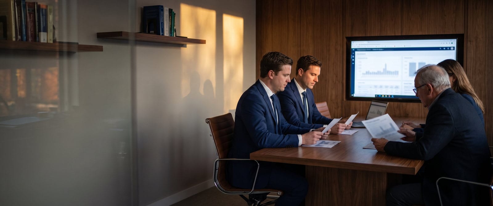 Business team reviewing website performance data on a display